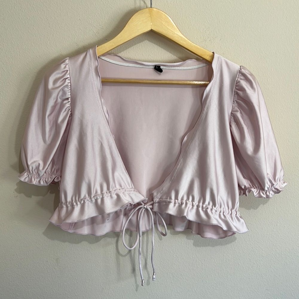 Out From Under Urban Outfitters Pink Satin Tie Front Ruffle Blouse